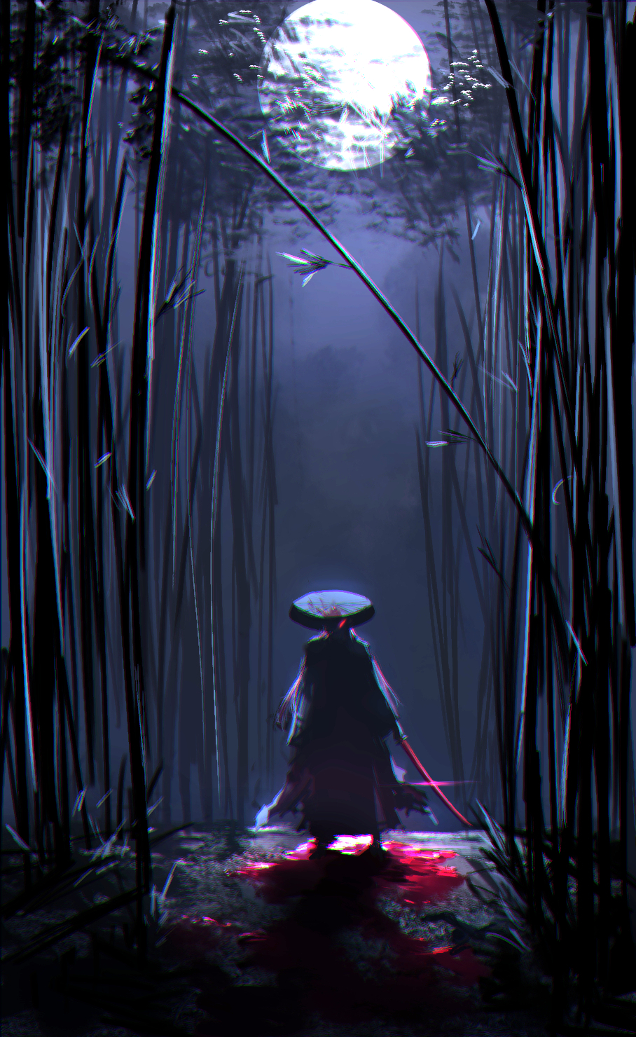 1boy ajirogasa bamboo bamboo_forest fate/grand_order fate_(series) forest full_body full_moon glowing glowing_eye hakama hat highres holding holding_sword holding_weapon japanese_clothes katana long_hair male_focus moon nature night night_sky okada_izou_(fate) pool_of_blood red_eyes redhead sky solo standing sword weapon