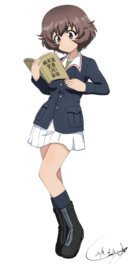 1girl akiyama_yukari artist_name bangs black_footwear black_legwear blue_jacket book boots brown_eyes brown_hair clses commentary dated eyebrows_visible_through_hair full_body girls_und_panzer green_shirt head_tilt holding holding_book jacket light_frown long_sleeves messy_hair military military_uniform miniskirt ooarai_military_uniform pleated_skirt reading shirt short_hair signature simple_background skirt socks solo standing translation_request uniform white_background white_skirt zipper