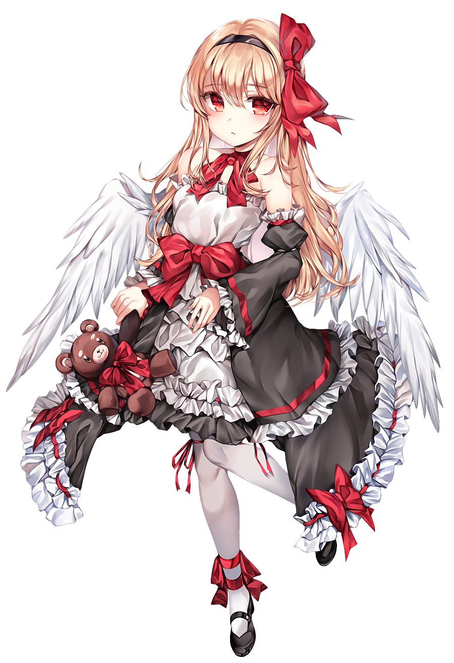 1girl angel_wings ankle_ribbon bangs bare_shoulders black_dress black_footwear black_hairband blonde_hair blush bow closed_mouth commission detached_sleeves dress eyebrows_visible_through_hair feathered_wings frilled_dress frilled_sleeves frills full_body hair_between_eyes hair_intakes hair_ribbon hairband highres holding holding_stuffed_animal korean_commentary long_hair looking_at_viewer neck_ribbon original painteen red_bow red_eyes red_ribbon ribbon ribbon-trimmed_skirt ribbon_trim shiny shiny_hair sidelocks simple_background sleeveless sleeveless_dress solo standing standing_on_one_leg stuffed_animal stuffed_toy teddy_bear thigh_ribbon very_long_hair waist_bow wavy_hair white_background white_legwear wings
