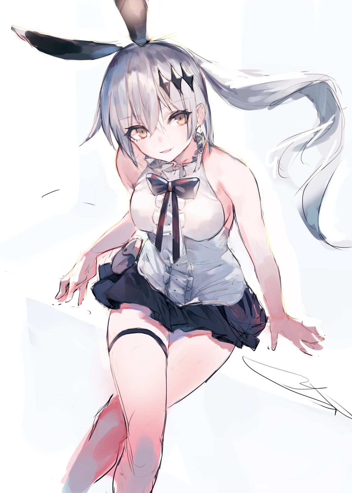 1girl animal_ears bangs bare_shoulders black_neckwear black_skirt blouse bow bowtie breasts brown_eyes crescent crescent_earrings cropped_legs earrings eyebrows_visible_through_hair fake_animal_ears five-seven_(girls_frontline) frilled_shirt frilled_shirt_collar frills girls_frontline hair_ornament high_ponytail highres irikawa jewelry legs_crossed long_hair looking_at_viewer medium_breasts miniskirt open_mouth pleated_skirt ponytail pouch rabbit_ears shirt sidelocks silver_hair simple_background sitting skirt smile thigh_strap very_long_hair white_background white_blouse