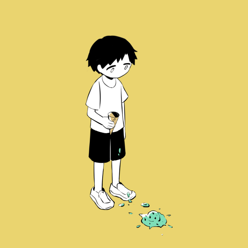 0_0 1boy avogado6 child commentary failure food full_body high_contrast holding ice_cream ice_cream_cone ice_cream_cone_spill limited_palette looking_down male_focus no_mouth original shoes short_hair short_sleeves shorts simple_background solo standing yellow_background