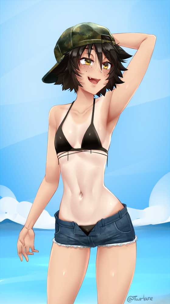 1girl :d arm_behind_head arm_up armpits artist_name backwards_hat bangs bare_shoulders bikini black_bikini black_hair blue_sky breasts collarbone commentary cowboy_shot cutoffs day english_commentary eyebrows_visible_through_hair fang freckles hair_between_eyes hat looking_away mari_(twrlare) navel one-piece_tan open_fly open_mouth original outdoors short_hair short_shorts shorts sky small_breasts smile solo stomach swimsuit tan tanline twitter_username twrlare yellow_eyes