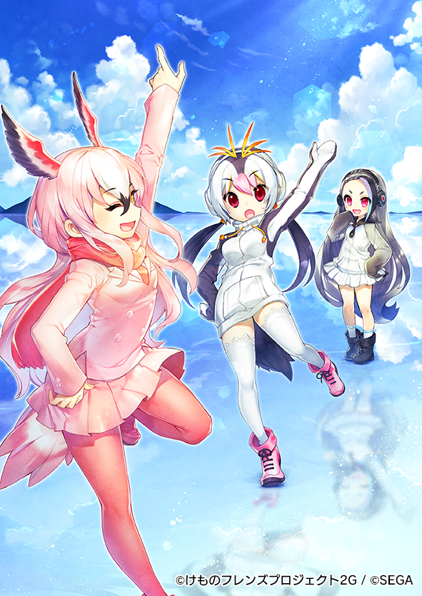 3girls :d :o ^_^ arm_up black_footwear blonde_hair blue_sky boots closed_eyes closed_eyes clouds day drawstring giant_penguin_(kemono_friends) greater_flamingo_(kemono_friends) grey_hair hair_between_eyes head_wings headphones hood hoodie horizon impossible_jacket kemono_friends kemono_friends_3:_planet_tours lens_flare long_hair long_sleeves miniskirt multicolored_hair multiple_girls official_art open_mouth outdoors pantyhose pink_footwear pink_hair pink_scarf pink_skirt pleated_skirt pocket pointing pointing_up red_eyes red_legwear reflection renta_(deja-vu) royal_penguin_(kemono_friends) scarf skirt sky smile standing standing_on_one_leg turtleneck very_long_hair violet_eyes watermark white_hair white_skirt zipper_pull_tab