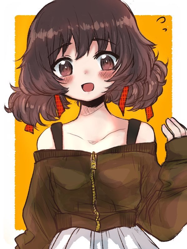 1girl :d akiyama_yukari alternate_hairstyle bangs black_shirt blush casual collarbone commentary eyebrows_visible_through_hair flying_sweatdrops girls_und_panzer hair_ribbon long_sleeves looking_at_viewer low_twintails off-shoulder_shirt off_shoulder open_mouth orange_background outside_border pokoyosi red_ribbon ribbon shirt short_hair skirt sleeves_past_wrists smile solo standing twintails upper_body white_skirt zipper