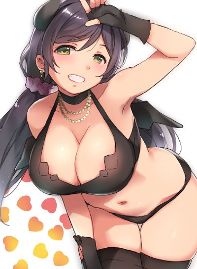 1girl bikini black_bikini black_choker black_gloves black_hair black_wings breasts choker cleavage demon_wings deyuuku earrings elbow_gloves fake_horns fingerless_gloves gloves green_eyes grin hair_ornament hair_scrunchie hairband halterneck hand_on_forehead hand_on_own_leg heart horns jewelry large_breasts leaning_forward long_hair looking_at_viewer love_live! love_live!_school_idol_project navel necklace pearl_necklace purple_hair purple_scrunchie scrunchie skindentation smile solo swimsuit thigh-highs thigh_gap toujou_nozomi twintails wings