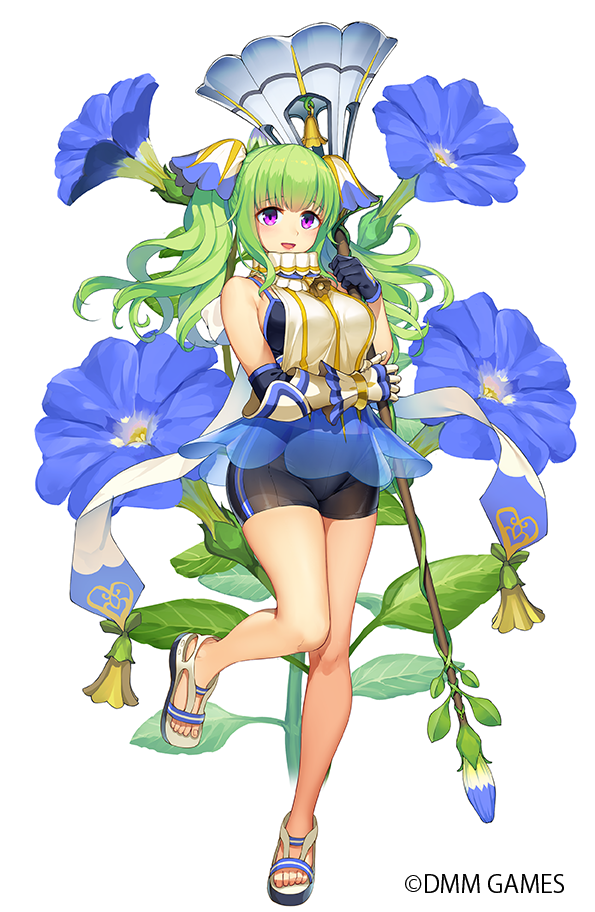 1girl bare_legs bike_shorts black_shorts blue_skirt breasts commentary flower flower_knight_girl full_body gloves green_hair hair_ornament holding holding_staff iltusa large_breasts long_hair nolana_(flower_knight_girl) object_namesake official_art sandals see-through shorts shorts_under_skirt simple_background skirt smile solo staff standing turtleneck twintails violet_eyes white_background