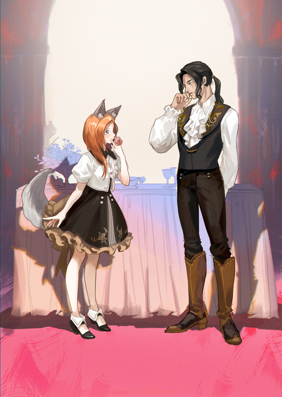 1boy 1girl achyue animal_ears black_footwear black_hair black_pants black_skirt blue_eyes boots brown_eyes brown_footwear brown_hair cravat cup flower formal hand_up hetero highres indoors leah_(pixiv_fantasia_last_saga) long_hair long_sleeves omar_(pixiv_fantasia_last_saga) pants pixiv_fantasia pixiv_fantasia_last_saga ponytail puffy_short_sleeves puffy_sleeves shadow short_sleeves skirt standing table tail white_neckwear wolf_ears wolf_tail