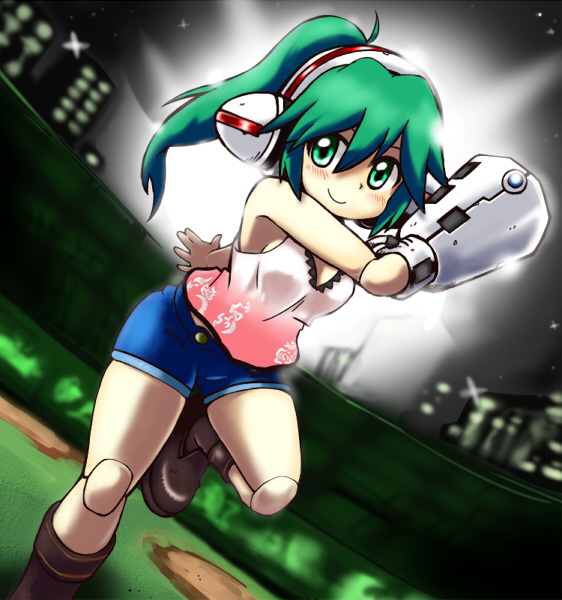 1girl android bangs bare_shoulders blue_shorts breasts building charu_(saru_getchu) closed_mouth dutch_angle green_eyes green_hair hair_between_eyes headphones leg_up long_hair medium_breasts n36hoko night night_sky outdoors ponytail robot_joints saru_getchu shorts sky smile solo standing standing_on_one_leg star_(sky) tank_top