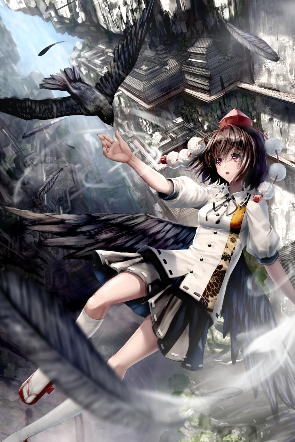 1girl bird black_hair black_ribbon black_skirt black_wings building collared_shirt crow falling flying geta hat highres kneehighs looking_at_another open_mouth outdoors outstretched_arm outstretched_hand pleated_skirt pom_pom_(clothes) puffy_short_sleeves puffy_sleeves red_eyes red_footwear ribbon ryosios shameimaru_aya shirt short_hair short_sleeves skirt solo tengu-geta tokin_hat touhou white_legwear white_shirt wind wings