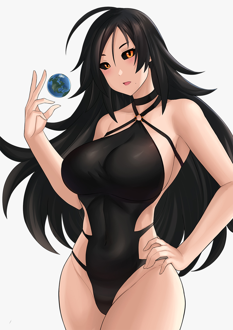 1girl ahoge aori_sora bangs bare_shoulders black_hair black_sclera black_swimsuit blackhole-chan blush breasts covered_navel cowboy_shot curvy earth hair_between_eyes hand_on_hip highres large_breasts long_hair looking_at_viewer mole mole_under_mouth o-ring o-ring_swimsuit one-piece_swimsuit open_mouth orange_eyes original personification planet solo swimsuit very_long_hair white_background