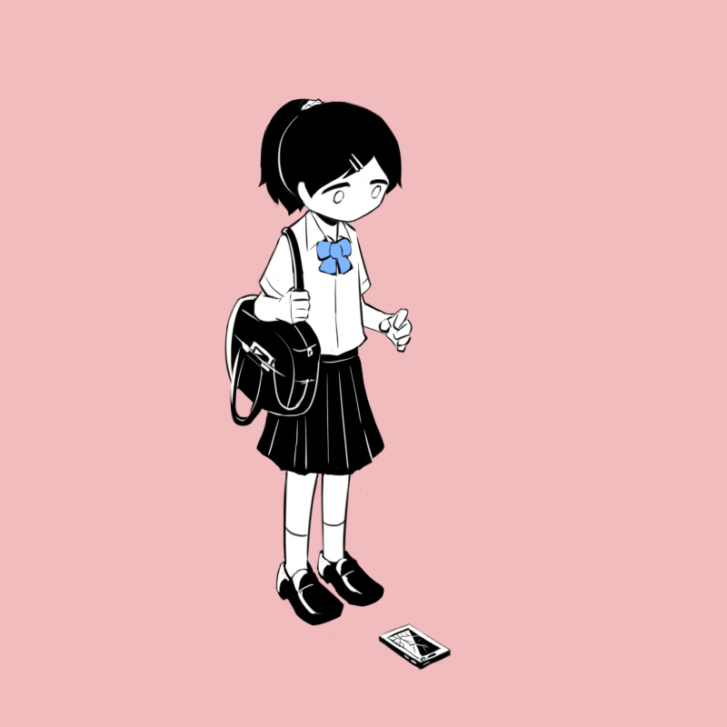 0_0 1girl avogado6 bag blue_bow blue_neckwear bow bowtie cellphone collared_shirt commentary damaged failure full_body hair_ornament hair_scrunchie hairclip limited_palette loafers looking_down no_mouth original phone pink_background pleated_skirt ponytail school_bag school_uniform scrunchie shirt shoes short_sleeves simple_background skirt smartphone socks solo standing wing_collar