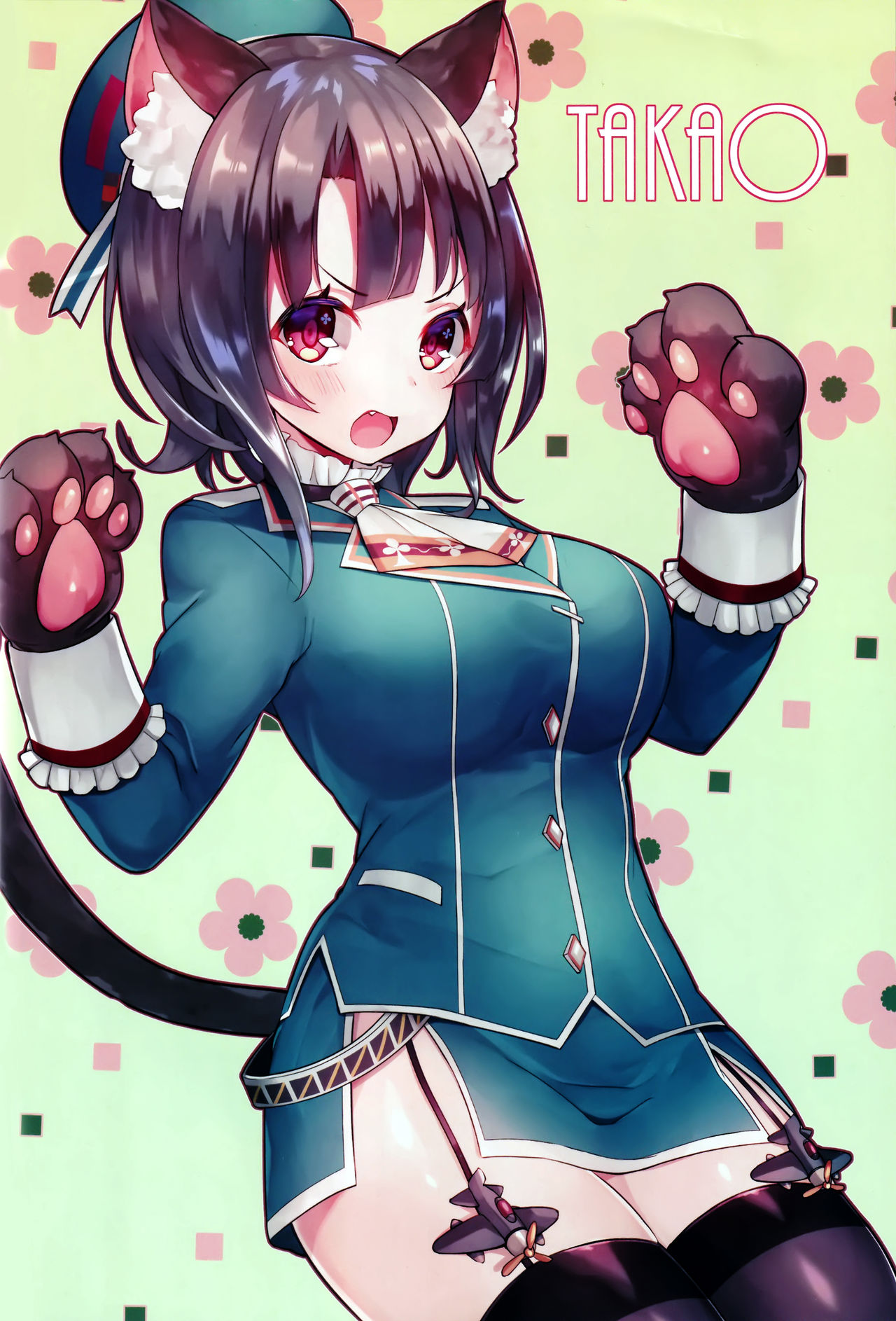 1girl animal_ears beret black_hair black_legwear blue_headwear blush breasts cat_ears cat_tail eyebrows_visible_through_hair garter_straps gloves hair_between_eyes hat highres kantai_collection large_breasts long_sleeves looking_at_viewer military military_uniform miniskirt open_mouth paw_gloves paw_pose paws red_eyes scan short_hair sitting skirt suzuho_hotaru tail takao_(kantai_collection) thigh-highs uniform wariza