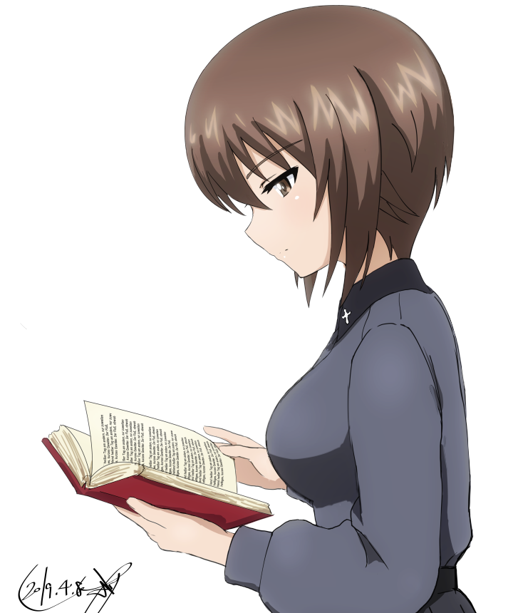 1girl artist_name bangs black_skirt book brown_eyes brown_hair bukkuri closed_mouth commentary dated dress_shirt eyebrows_visible_through_hair from_side girls_und_panzer grey_shirt holding holding_book insignia kuromorimine_school_uniform light_frown long_sleeves nishizumi_maho pleated_skirt reading school_uniform shirt short_hair signature simple_background skirt solo upper_body white_background