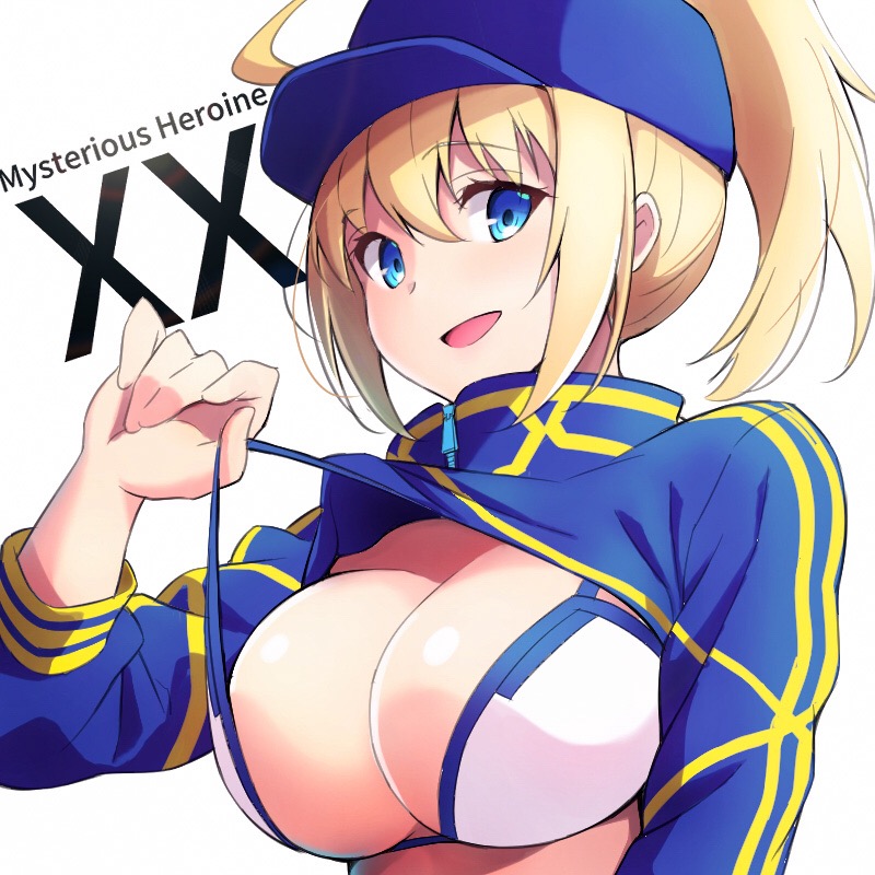 1girl :d ahoge artoria_pendragon_(all) baseball_cap bikini_top blonde_hair blue_eyes blue_headwear breasts character_name commentary_request eyebrows_visible_through_hair fate/grand_order fate_(series) hair_through_headwear hat karaage_bou large_breasts long_sleeves looking_at_viewer mysterious_heroine_xx_(foreigner) open_mouth ponytail short_hair shrug_(clothing) sidelocks smile solo white_bikini_top