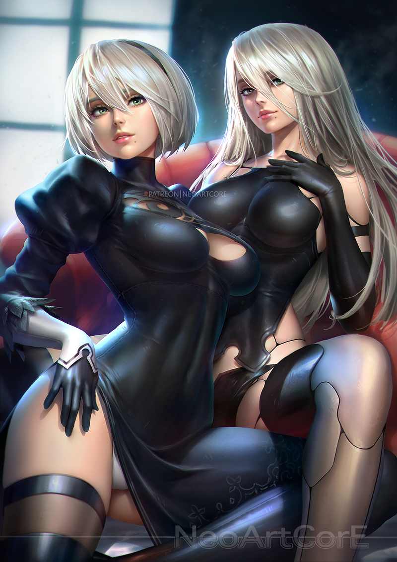 2girls bare_shoulders black_gloves breasts brown_legwear commentary elbow_gloves gloves green_eyes hairband leotard lips long_hair looking_at_viewer mole mole_under_mouth multiple_girls nier_(series) nier_automata no_blindfold nudtawut_thongmai parted_lips short_hair signature skindentation thigh-highs thighs white_hair white_leotard yorha_no._2_type_b yorha_type_a_no._2