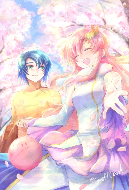 1boy 1girl :d athrun_zala blue_hair cherry_blossoms closed_eyes day detached_sleeves floating_hair from_below green_eyes gundam gundam_seed hair_ornament hand_holding haro lacus_clyne long_hair long_sleeves open_mouth outdoors outstretched_arms petals pink_hair shiny shiny_hair shirt short_hair smile turtleneck very_long_hair white_sleeves yellow_shirt yuuka_seisen