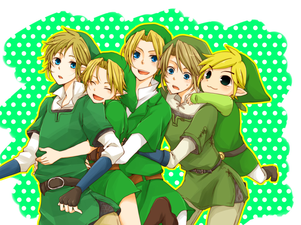 5boys :3 :d ^_^ bangs beige_pants belt black_belt black_footwear black_gloves blonde_hair blue_eyes boots brown_belt brown_footwear chainmail closed_eyes closed_eyes commentary_request cowboy_shot fingerless_gloves forehead gauntlets gloves green_background green_headwear green_shirt green_tunic hug hug_from_behind kujou_kazuki link long_sleeves looking_at_viewer male_focus multiple_boys nintendo open_mouth pants pantyhose phrygian_cap pointy_ears polka_dot polka_dot_background shirt short_sleeves sidelocks smile standing swept_bangs the_legend_of_zelda the_legend_of_zelda:_ocarina_of_time the_legend_of_zelda:_skyward_sword the_legend_of_zelda:_the_wind_waker the_legend_of_zelda:_twilight_princess toon_link tunic white_legwear white_shirt yellow_outline young_link