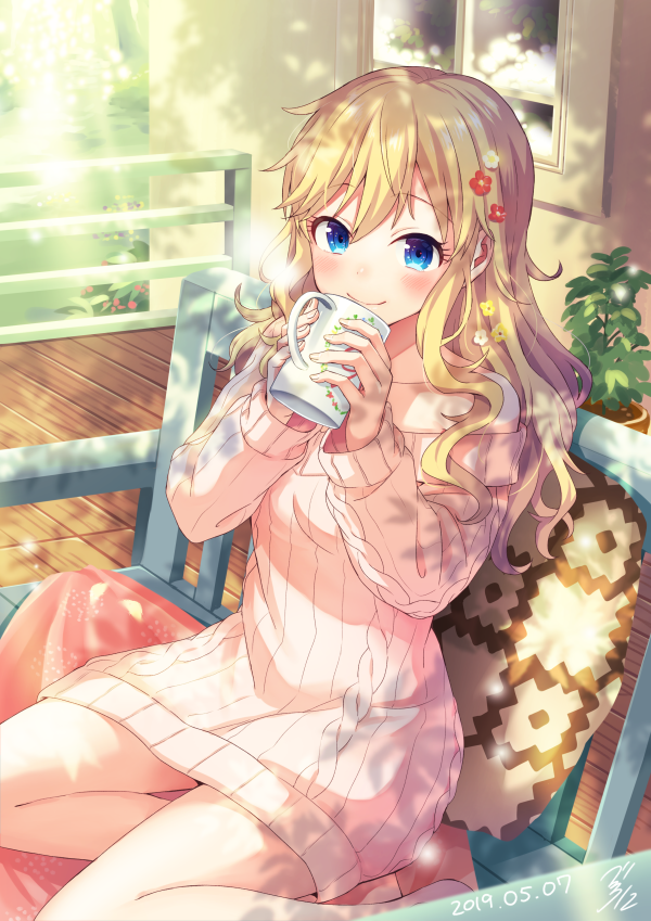 1girl aran_sweater bangs bare_shoulders barefoot bekkourico bench blonde_hair blue_eyes blush closed_mouth cup dated day dress eyebrows_visible_through_hair flower hair_between_eyes hair_flower hair_ornament holding holding_cup idolmaster idolmaster_cinderella_girls long_hair long_sleeves looking_at_viewer mug naked_sweater off-shoulder_sweater off_shoulder ootsuki_yui outdoors pillow pink_sweater plant potted_plant ribbed_sweater sitting smile solo sweater sweater_dress window wooden_floor