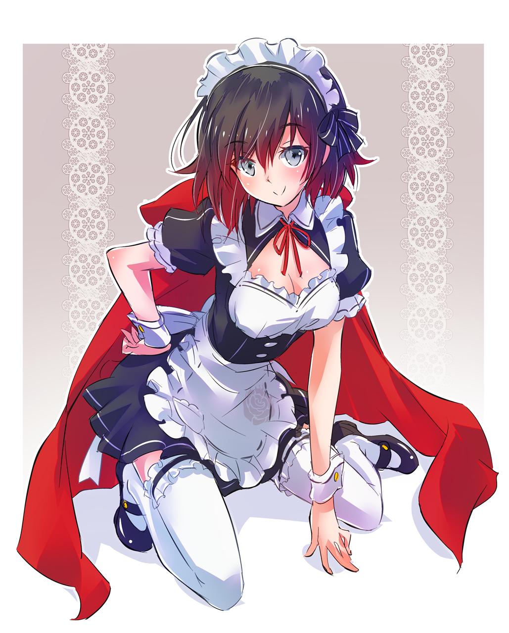 1girl alternate_costume apron black_dress black_hair breasts cape cleavage dress enmaided frilled_apron frills full_body garters gradient_hair grey_eyes highres iesupa kneeling looking_at_viewer maid maid_apron maid_headdress mary_janes medium_breasts multicolored_hair puffy_short_sleeves puffy_sleeves red_cape redhead ruby_rose rwby shoes short_hair short_sleeves smile solo thigh-highs two-tone_hair waist_apron white_apron white_legwear wrist_cuffs