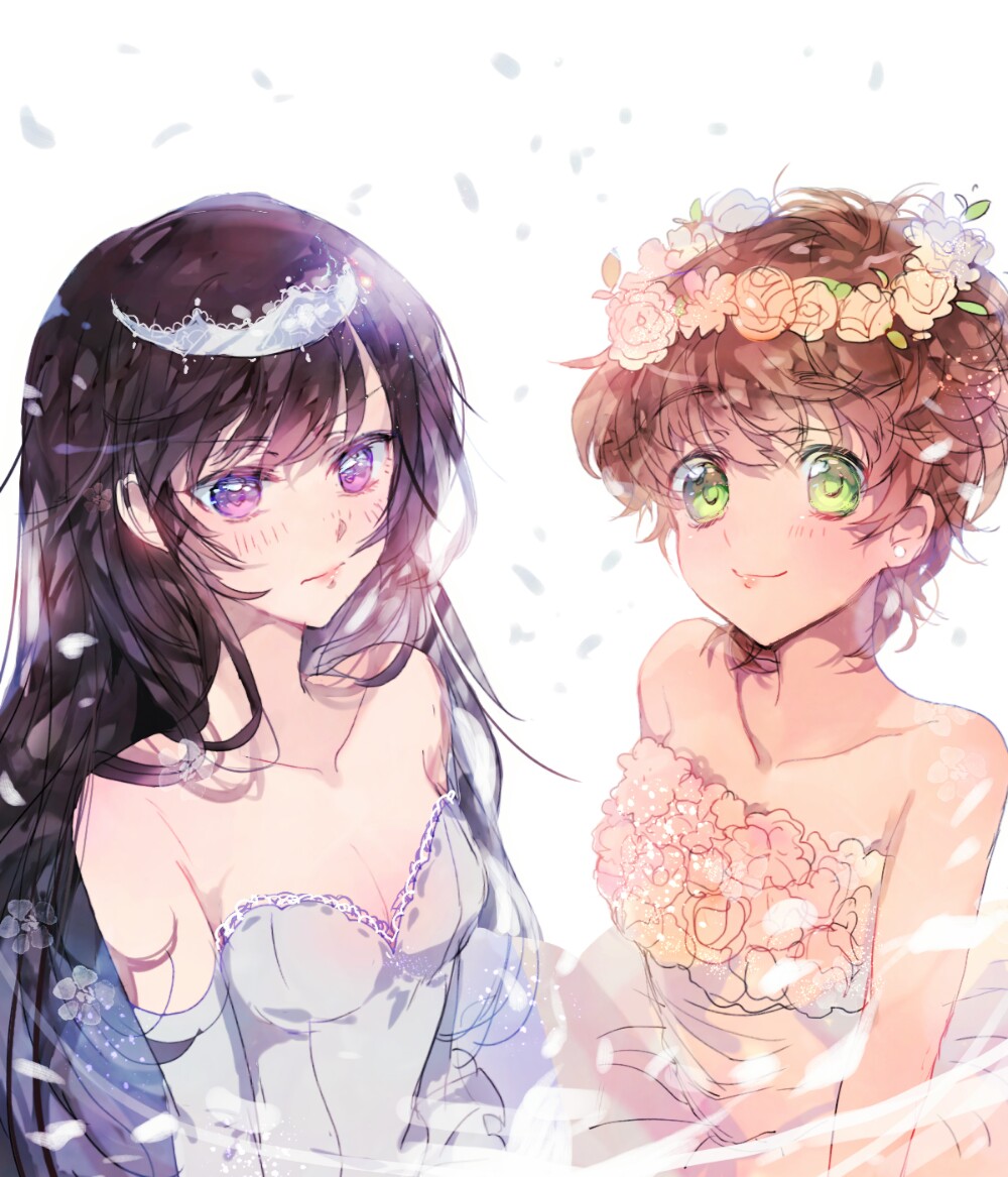 2girls black_hair breasts brown_hair cleavage code_geass collarbone detached_sleeves diadem dress eyebrows_visible_through_hair flower genderswap genderswap_(mtf) green_eyes grey_dress grey_sleeves head_wreath kururugi_suzaku lelouch_lamperouge long_hair looking_at_viewer multiple_girls orange_flower short_hair sleeveless sleeveless_dress small_breasts smile standing strapless strapless_dress sumi_otto upper_body very_long_hair violet_eyes white_background white_dress