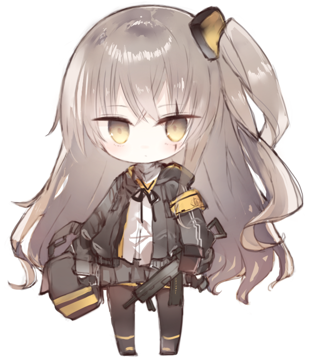 1girl armband bangs black_footwear black_gloves black_jacket black_ribbon blush boots brown_eyes brown_hair brown_legwear chibi closed_mouth commentary_request dress_shirt eyebrows_visible_through_hair fingernails full_body girls_frontline gloves grey_skirt gun h&amp;k_ump45 hair_between_eyes hair_ornament holding holding_gun holding_weapon jacket kotatu_(akaki01aoki00) long_hair long_sleeves looking_at_viewer neck_ribbon object_hug one_side_up open_clothes open_jacket pantyhose pleated_skirt ribbon scar scar_across_eye shirt simple_background skirt solo standing submachine_gun ump45_(girls_frontline) very_long_hair weapon white_background white_shirt