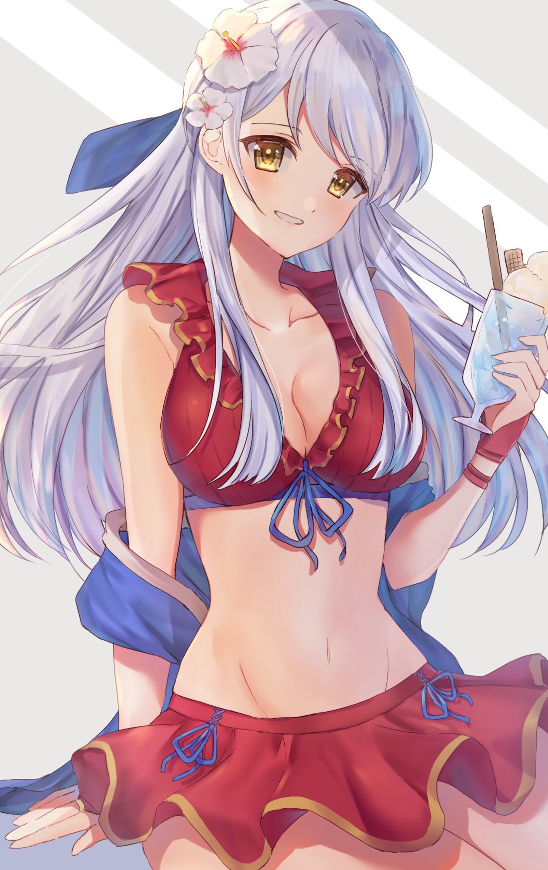 1girl bangs bare_shoulders blush breasts collarbone edamameoka fire_emblem fire_emblem:_radiant_dawn fire_emblem_heroes hair_ornament hair_ribbon highres long_hair looking_at_viewer medium_breasts micaiah_(fire_emblem) open_mouth red_swimsuit ribbon simple_background smile solo swimsuit upper_body white_hair yellow_eyes