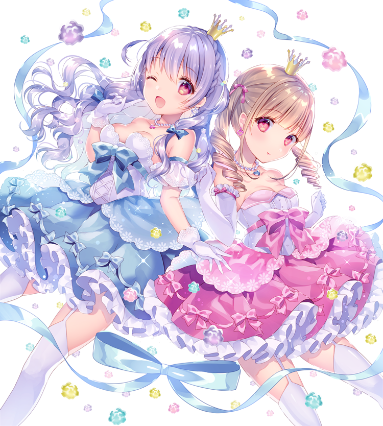 2girls ;d bangs bare_shoulders blue_dress blue_ribbon blush breasts brown_hair character_request closed_mouth collarbone commentary_request crown dress drill_hair eyebrows_visible_through_hair flower frilled_dress frills garter_straps gloves hair_between_eyes hand_up index_finger_raised long_hair medium_breasts mini_crown multiple_girls one_eye_closed open_mouth pink_dress pink_flower purple_flower purple_hair red_eyes ribbon simple_background smile strapless strapless_dress thigh-highs twin_drills twintails uchi_no_hime-sama_ga_ichiban_kawaii very_long_hair wasabi_(sekai) white_background white_gloves white_legwear yellow_flower