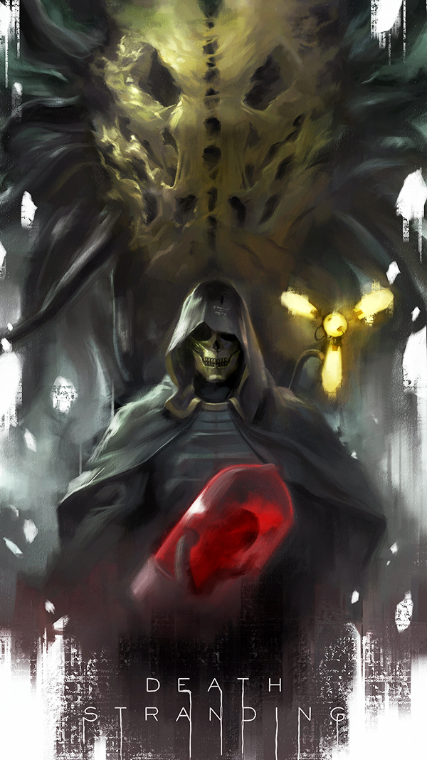 1boy black_cloak cloak death_stranding english_text gold holding hood hood_up light male_focus mask monster phamoz skull_mask standing