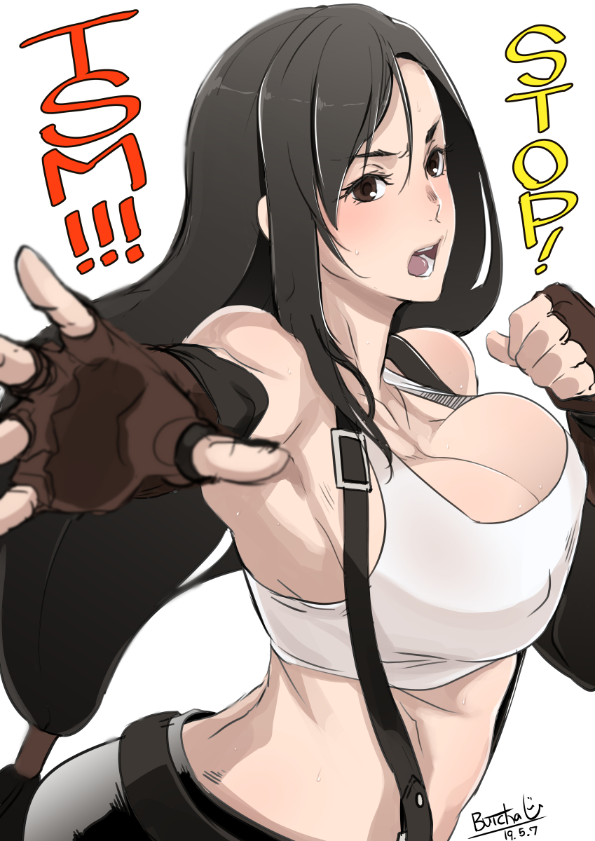 bare_shoulders black_hair blush breasts brown_eyes brown_gloves butcha-u cleavage clenched_hand erect_nipples final_fantasy final_fantasy_vii fingerless_gloves gloves highres large_breasts long_hair looking_at_viewer midriff open_mouth simple_background suspenders sweat tank_top teeth tifa_lockhart white_background