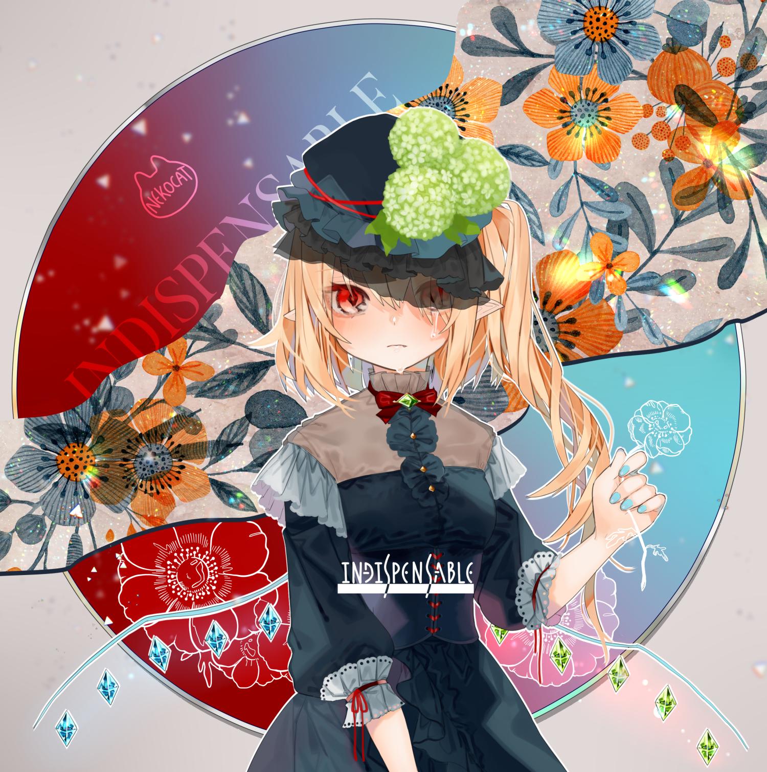 1girl alternate_costume bangs black_dress black_headwear blonde_hair blue_flower breasts brooch commentary cowboy_shot crystal dress eyebrows_visible_through_hair eyes_visible_through_hair flandre_scarlet flower gotoh510 grey_background hair_over_one_eye hat hat_flower highres jewelry long_hair long_sleeves looking_at_viewer medium_breasts mob_cap neck_ribbon one_side_up orange_flower outline pointy_ears puffy_sleeves red_eyes red_neckwear red_ribbon ribbon see-through sidelocks solo standing touhou veil white_flower white_outline wings