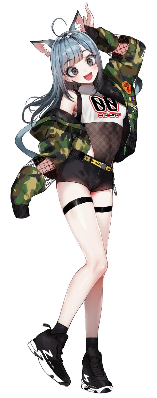 1girl ahoge animal_ears bangs bare_shoulders belt black_footwear black_shorts breasts brown_eyes camouflage_jacket cat_ears cat_tail covered_navel eyebrows_visible_through_hair full_body grey_hair hand_up highres jacket long_hair long_sleeves looking_at_viewer nekometaru off_shoulder open_clothes open_jacket open_mouth original shoes shorts simple_background sleeves_past_fingers sleeves_past_wrists small_breasts smile solo standing tail white_background zipper zipper_pull_tab