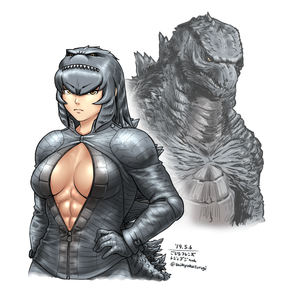 1girl abs arm_at_side armor bangs breasts closed_mouth collared_jacket commentary_request dated eyebrows_visible_through_hair gloves godzilla godzilla_(2014) godzilla_(series) grey_hair hair_between_eyes hair_ornament hairband hand_on_hip high_collar jacket kaijuu kemono_friends lips long_sleeves looking_at_viewer medium_breasts medium_hair monster no_bra open_clothes open_jacket orange_eyes original partially_unzipped personification shoulder_armor sidelocks simple_background solo stomach taikyokuturugi tail toned twitter_username upper_body v-shaped_eyebrows white_background zipper zipper_pull_tab