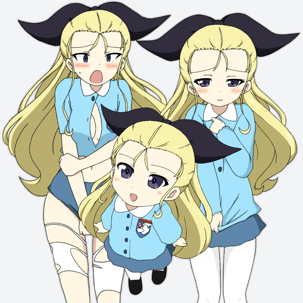 3girls arm_grab assam black_footwear black_ribbon blonde_hair blue_eyes blue_shirt blue_skirt blush blush_stickers breasts child cleavage clenched_hand closed_mouth collared_shirt commentary constricted_pupils covering emblem frown girls_und_panzer hair_pulled_back hair_ribbon hand_on_own_chest ichinose_jun kindergarten_uniform long_hair long_sleeves looking_at_viewer medium_breasts miniskirt multiple_girls navel no_bra open_mouth pantyhose ribbon shirt shirt_tug shoes simple_background skirt skirt_tug smile st._gloriana's_(emblem) standing sweatdrop time_paradox torn_clothes torn_legwear undersized_clothes white_background white_legwear younger