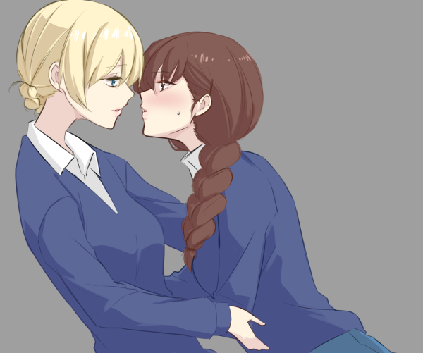 2girls bangs blonde_hair blue_eyes blue_skirt blue_sweater blush braid brown_eyes brown_hair commentary_request darjeeling dress_shirt eyebrows_visible_through_hair from_side fuji_(fuji_mount3333) girls_und_panzer grey_background hair_over_shoulder hug imminent_kiss leaning_back leaning_forward light_smile lips long_hair long_sleeves looking_at_another multiple_girls no_neckwear parted_lips pleated_skirt rukuriri school_uniform shirt short_hair simple_background single_braid skirt st._gloriana's_school_uniform standing sweat sweater tied_hair v-neck white_shirt yuri