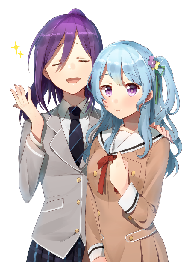 2girls :d arm_around_shoulder bang_dream! bangs blazer blue_hair blue_neckwear blue_skirt brown_dress clenched_hand closed_eyes collared_shirt double-breasted dress flower green_ribbon grey_jacket hair_between_eyes hair_flower hair_ornament hair_ribbon hanasakigawa_school_uniform hand_on_another's_shoulder hand_on_own_chest hand_up haneoka_school_uniform harusawa jacket long_hair long_sleeves matsubara_kanon multiple_girls neck_ribbon necktie one_side_up open_mouth ponytail purple_hair red_neckwear ribbon sailor_dress school_uniform seta_kaoru shirt simple_background skirt smile sparkle striped striped_neckwear upper_body violet_eyes white_background