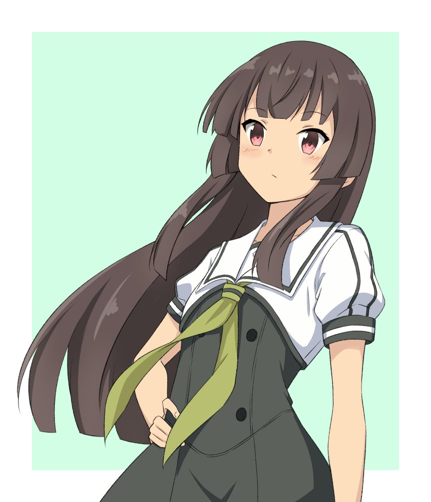 1girl bangs blunt_bangs blush brown_hair buttons closed_mouth cowboy_shot double-breasted expressionless eyebrows_visible_through_hair green_neckwear hand_on_hip heijou_institute_school_uniform juujou_hiyori long_hair looking_at_viewer neckerchief och4suke red_eyes sailor_collar school_uniform serafuku short_sleeves simple_background solo standing toji_no_miko uniform