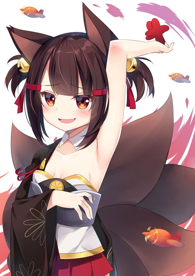 1girl :d agung_syaeful_anwar aircraft airplane akagi-chan_(azur_lane) akagi_(kantai_collection) animal_ears arm_up armpits azur_lane bare_arms bare_shoulders bell black_kimono blush breasts brown_eyes brown_hair collar commentary detached_collar fang fox_ears fox_girl fox_tail hair_bell hair_ornament hair_ribbon japanese_clothes jingle_bell kimono kitsune looking_at_viewer open_mouth pleated_skirt red_ribbon red_skirt ribbon sidelocks skirt small_breasts smile solo strapless tail twintails white_background white_collar