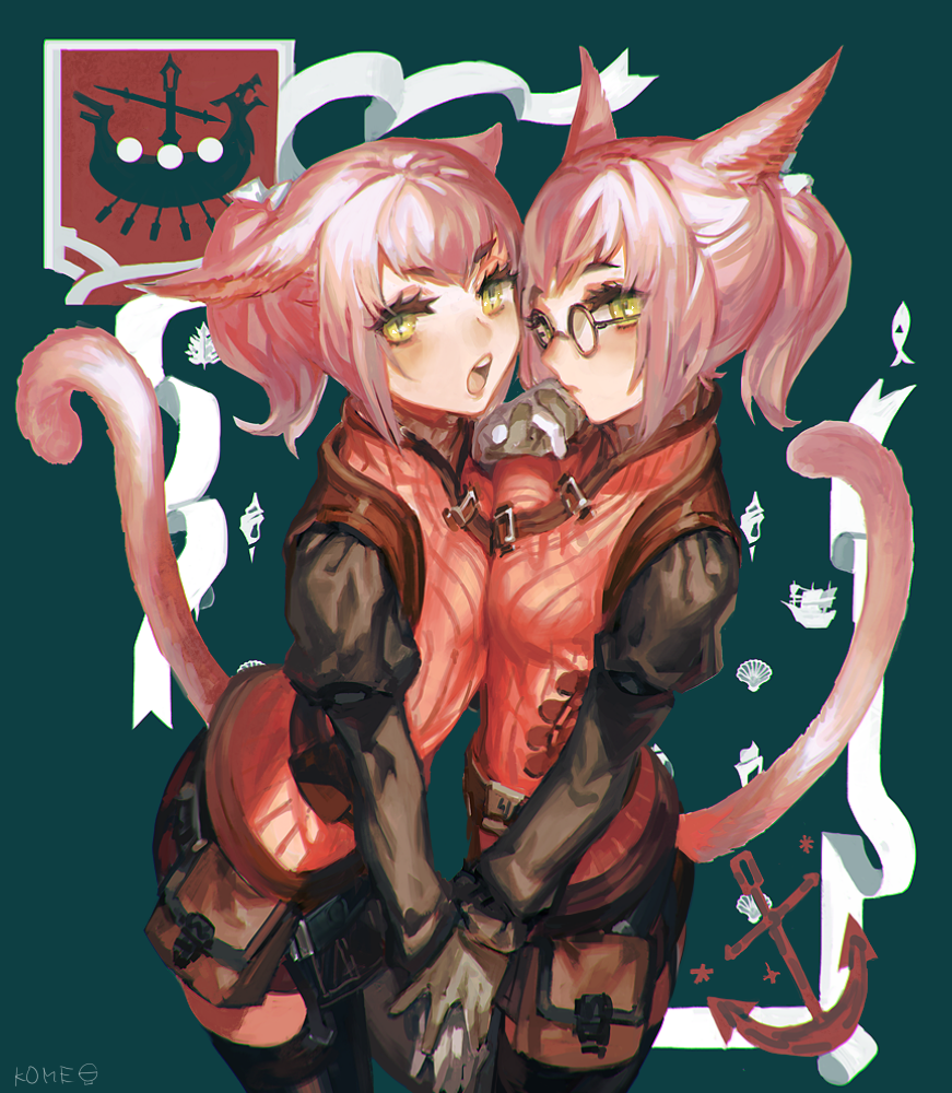 2girls animal_ears asymmetrical_docking bangs black_legwear breast_press breasts cat_ears cat_tail closed_mouth final_fantasy final_fantasy_xiv frischenq glasses gloves hair_ribbon hand_holding long_sleeves looking_at_viewer medium_breasts miqo'te multiple_girls n'delika n'tanmo open_mouth pink_hair puffy_long_sleeves puffy_sleeves ribbon short_hair short_ponytail siblings sisters skirt slit_pupils small_breasts tail thigh-highs twins