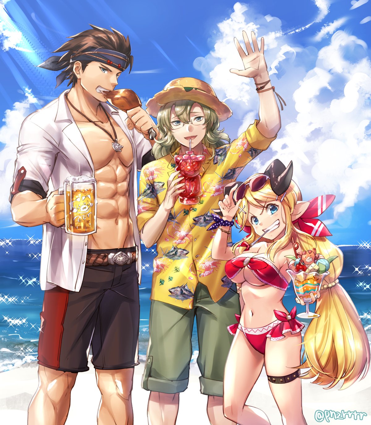 1girl 2boys abs alcohol alternate_costume animal_print beach beer beer_mug bikini blonde_hair breasts brown_hair dessert draph eating fish_print food glasses granblue_fantasy grin hallessena hat hawaiian_shirt headband heian_jirou highres horns jewelry large_breasts male_swimwear meat multiple_boys muscle ocean pendant pointy_ears ryan_(granblue_fantasy) shirt smile straw_hat sunglasses swim_trunks swimsuit swimwear waving will_(granblue_fantasy)