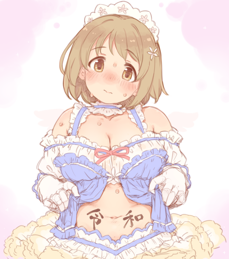 1girl 7010 bangs blush body_writing breasts brown_eyes brown_hair cleavage collarbone detached_collar detached_sleeves eyebrows_visible_through_hair flower frilled gloves hair_flower hair_ornament headdress idolmaster idolmaster_cinderella_girls large_breasts looking_at_viewer mimura_kanako navel plump short_hair simple_background solo stomach sweat translation_request upper_body white_gloves