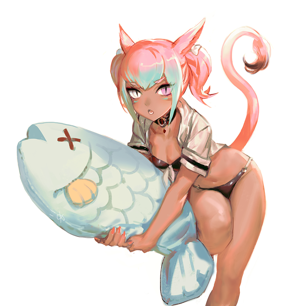 1girl animal_ears bangs bikini black_bikini body_pillow cat_ears cat_tail choker dark_skin eyebrows_visible_through_hair facepaint final_fantasy final_fantasy_xiv fish_pillow frischenq heterochromia looking_at_viewer miqo'te multicolored_hair navel object_hug open_clothes open_mouth open_shirt pink_hair short_twintails slit_pupils solo swimsuit tail twintails two-tone_hair white_background