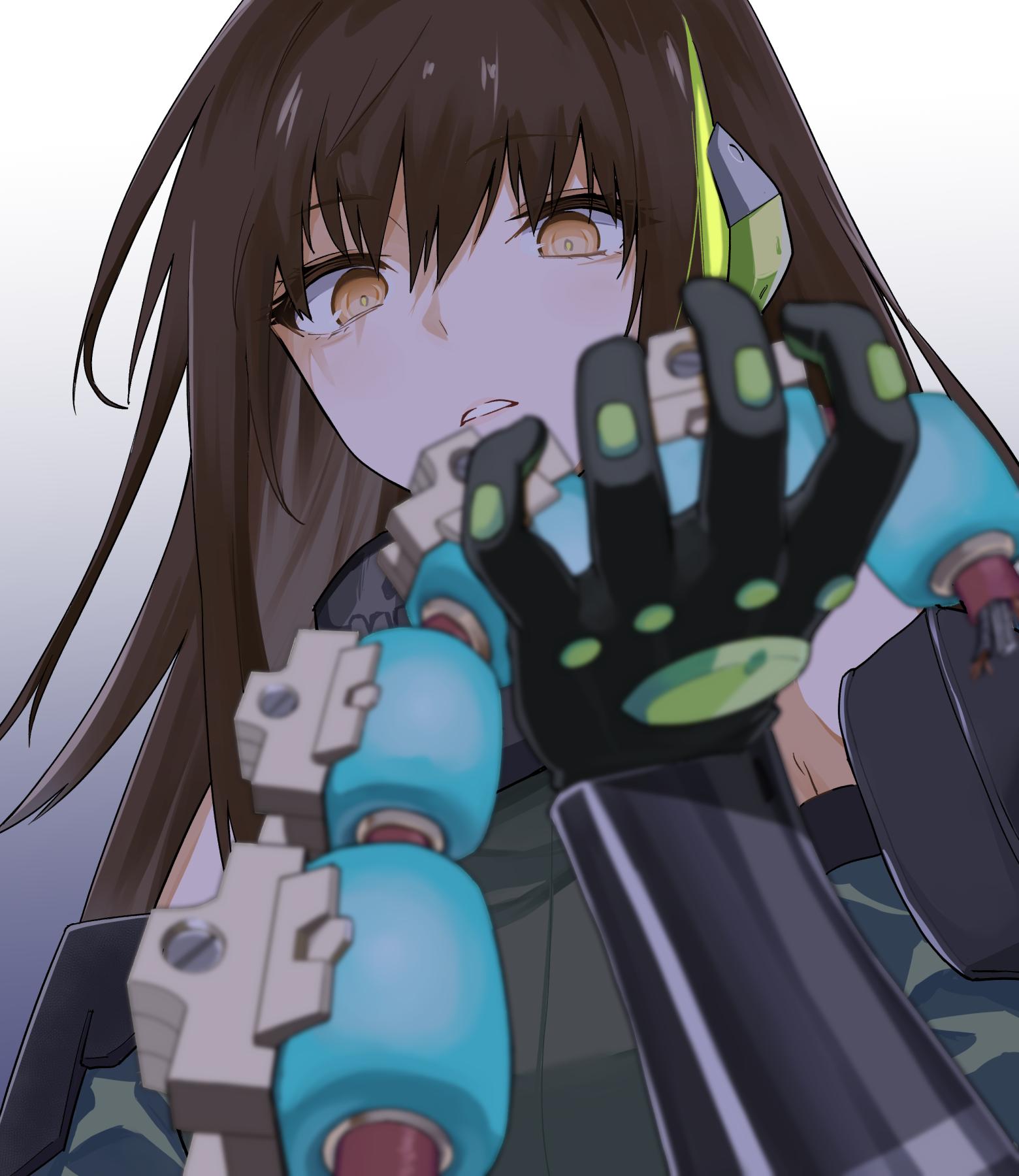 1girl black_hair commentary_request cyborg eyebrows_visible_through_hair girls_frontline gloves headphones highres holding m4a1_(girls_frontline) metal_gear_(series) metal_gear_rising:_revengeance mitsusaka_mitsumi solo spine yellow_eyes