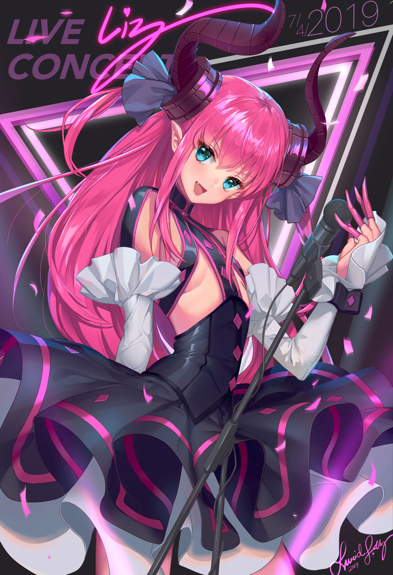 1girl blue_eyes dated detached_sleeves dragon_girl dragon_horns dragon_tail dress elizabeth_bathory_(fate) elizabeth_bathory_(fate)_(all) fate/extra fate/grand_order fate_(series) flat_chest horns long_hair looking_back microphone microphone_stand pink_hair pointy_ears signature solo tail underwear yume_ou