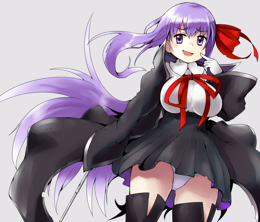 1girl :d bangs bb_(fate)_(all) bb_(fate/extra_ccc) black_coat black_legwear black_skirt breasts coat collared_shirt cowboy_shot eyebrows_visible_through_hair fate/extra fate/extra_ccc fate_(series) furrowed_eyebrows gloves hair_between_eyes hair_ribbon hand_up high-waist_skirt index_finger_raised large_breasts legs_apart long_hair long_sleeves miniskirt n36hoko neck_ribbon open_clothes open_coat open_mouth panties pleated_skirt pointer purple_hair red_ribbon ribbon shirt skirt smile solo thigh-highs underwear very_long_hair violet_eyes white_gloves white_panties white_shirt