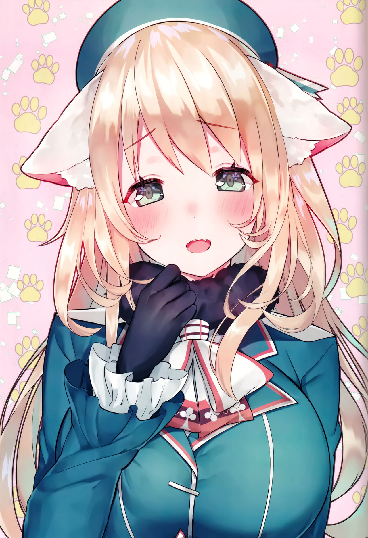 1girl animal_ears atago_(kantai_collection) beret black_gloves blonde_hair blue_headwear blush breasts cat_ears eyebrows_visible_through_hair gloves grey_eyes hair_between_eyes hat highres kantai_collection large_breasts long_hair long_sleeves looking_at_viewer military military_uniform open_mouth scan smile suzuho_hotaru uniform