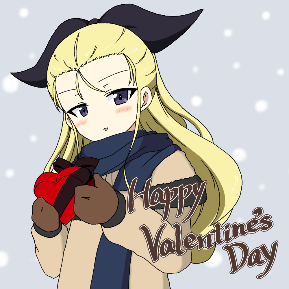 1girl assam black_ribbon blonde_hair blue_eyes blue_scarf box brown_coat brown_mittens coat commentary english_text gift girls_und_panzer hair_pulled_back hair_ribbon happy_valentine head_tilt heart-shaped_box holding holding_gift ichinose_jun light_blush long_hair long_sleeves looking_at_viewer parted_lips ribbon scarf smile snowing solo standing upper_body valentine