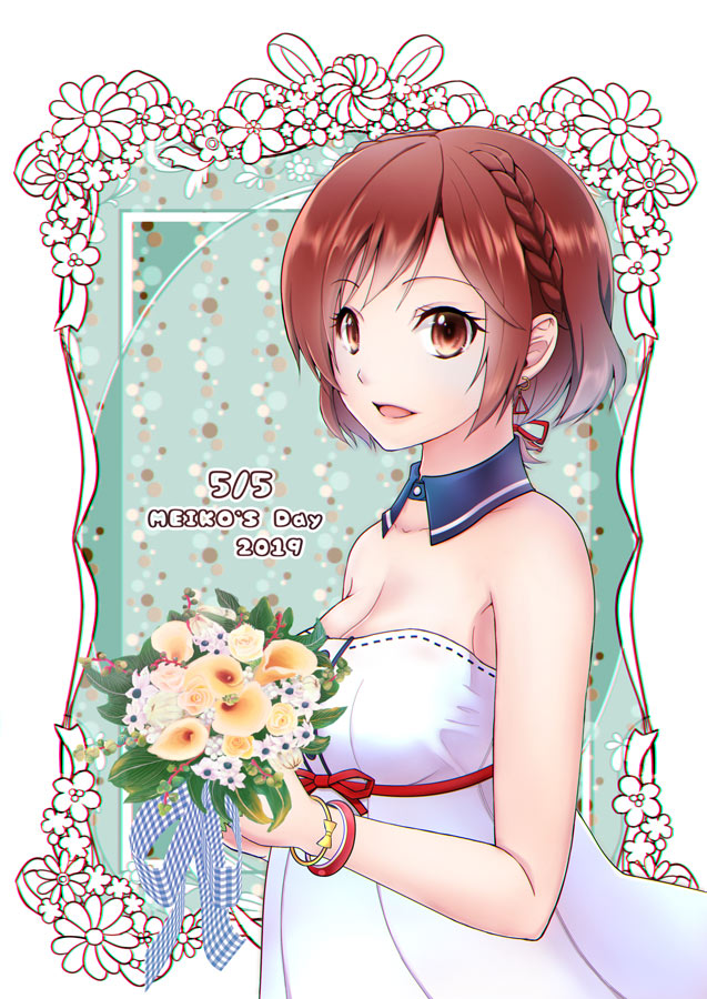 1girl 2019 bouquet braid brown_eyes brown_hair commentary date_pun detached_collar dress floral_background flower framed from_side hair_ribbon holding holding_bouquet kisaragitsubasa lipstick looking_at_viewer makeup meiko number_pun ribbon short_hair sleeveless sleeveless_dress smile solo upper_body vocaloid white_dress