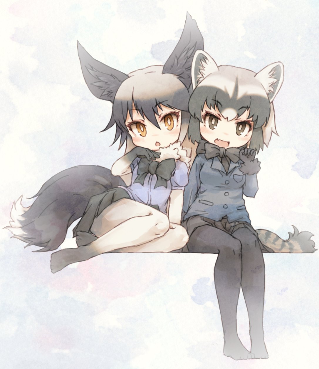 2girls animal_ear_fluff animal_ears blush bow bowtie commentary_request common_raccoon_(kemono_friends) cosplay costume_switch elbow_gloves eyebrows_visible_through_hair fang fox_ears fox_tail fur_collar fur_trim gloves gradient_legwear grey_eyes grey_hair grey_legwear highres jacket kemono_friends kolshica long_hair long_sleeves multicolored_hair multiple_girls necktie no_shoes nose_blush open_mouth pantyhose pleated_skirt puffy_short_sleeves puffy_sleeves raccoon_ears raccoon_tail short_hair short_sleeves silver_fox_(kemono_friends) skirt tail white_hair white_legwear yellow_eyes