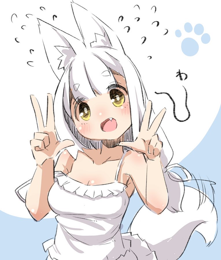 1girl :d afterimage animal_ear_fluff animal_ears bare_arms bare_shoulders blue_background blush breasts camisole cleavage collarbone double_v fang flying_sweatdrops fox_ears fox_girl fox_tail hair_ribbon hands_up head_tilt long_hair medium_breasts open_mouth original ribbon skirt smile solo strap_slip tail tail_wagging two-tone_background u-non_(annon'an) v white_background white_camisole white_hair white_ribbon white_skirt yellow_eyes