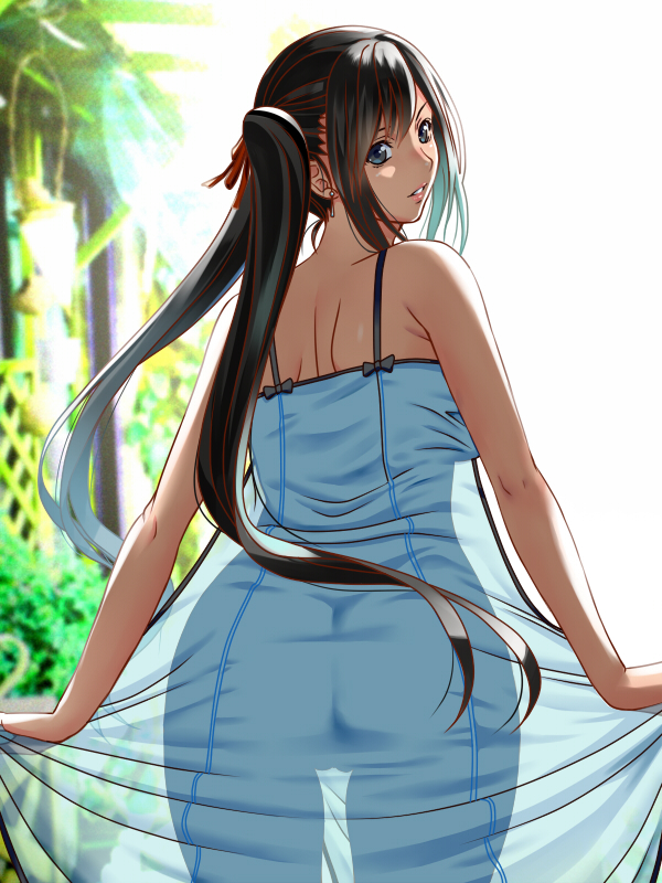 1girl ass back bare_shoulders black_hair blue_eyes breasts dress earrings final_fantasy final_fantasy_vii jewelry large_breasts long_hair looking_at_viewer looking_back palm_tree parted_lips see-through smile solo suuitchi tifa_lockhart tree twintails